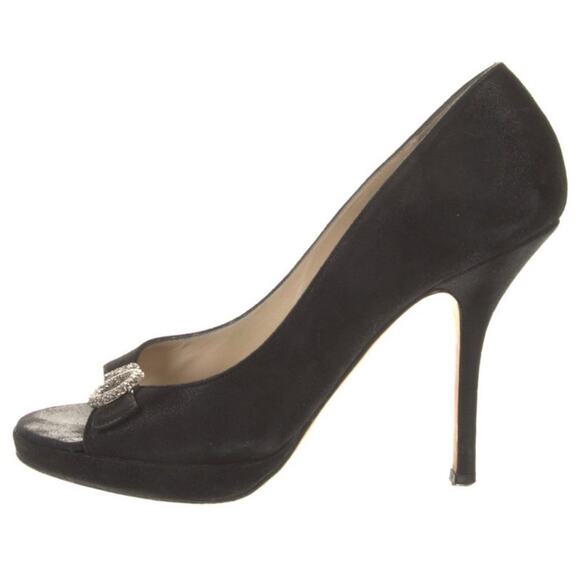 Jimmy Choo Black Leather Stiletto Heels Rhinestone Peep-Toe Shoe EU 37 - Picture 6 of 9